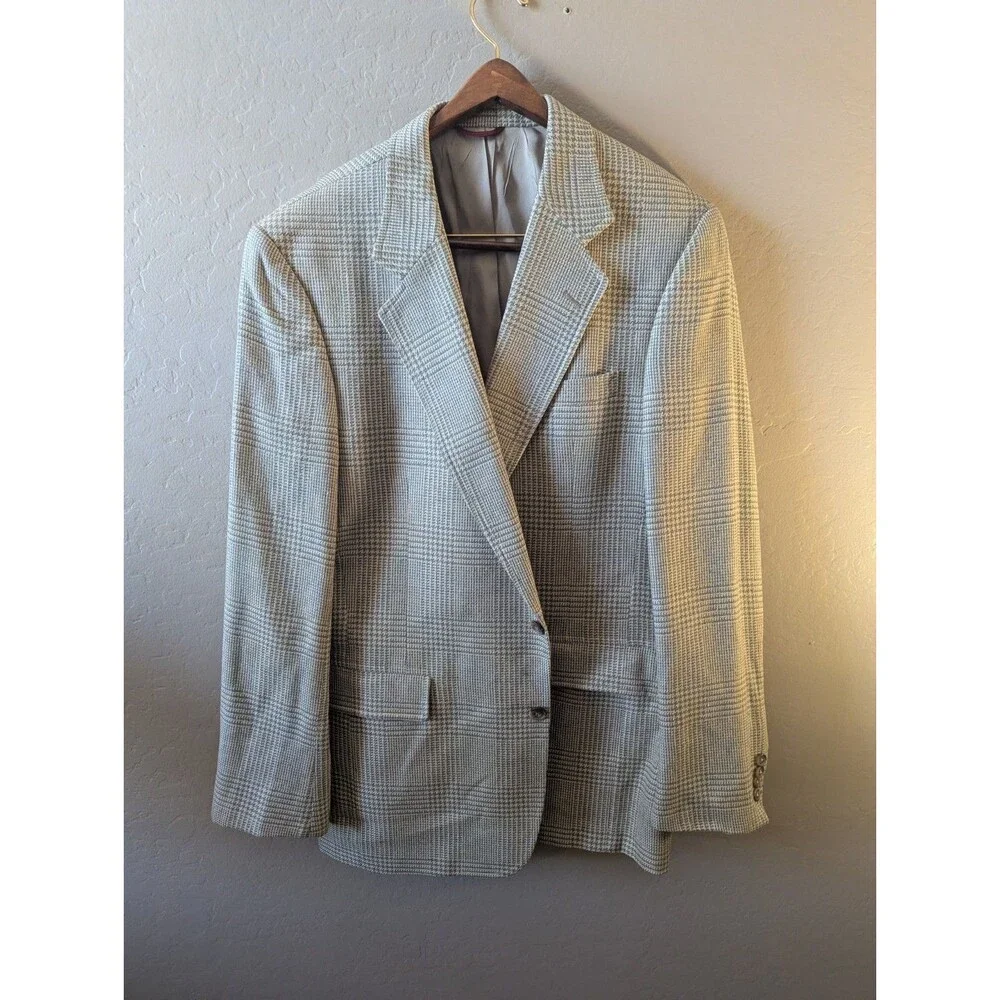 Jos A Bank Silk Glen Plaid Sport Coat 40R Blazer Jacket Gray Blue Windowpane